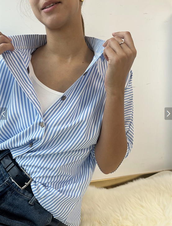 Women's Clothing Classic Stripe Button-Down Shirt For Women, Mid-Sleeve Casual Top For Spring And Summer_ecoleips.com