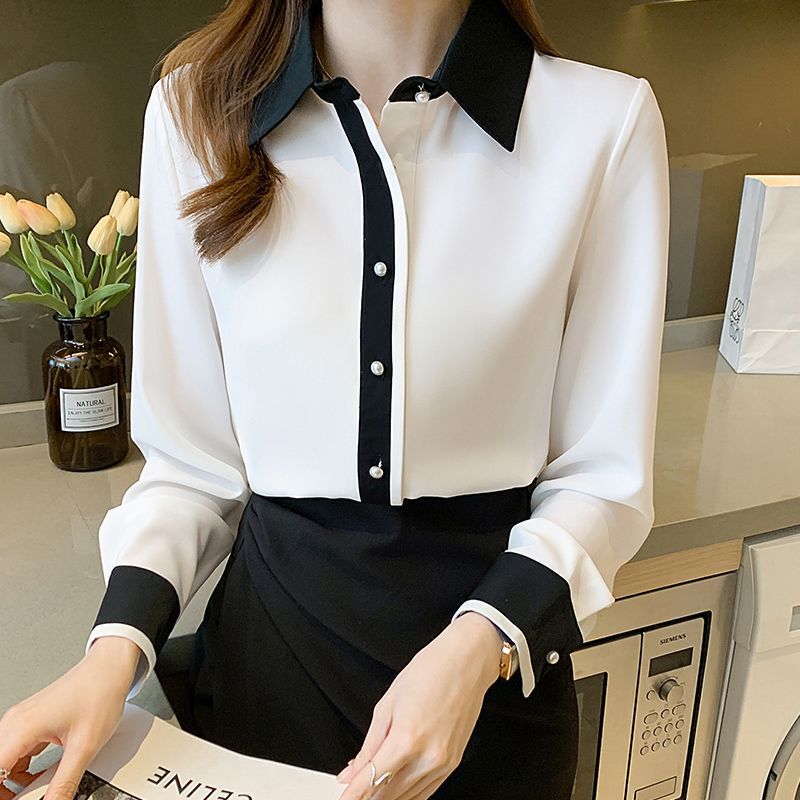 White Chiffon Shirt Women's Long-sleeved 2025 Spring and Autumn New Elegant Age-reducing Contrast Color Chic Top Business Wear Shirt White Chiffon Shirt Women's Long-sleeved 2025 Spring and Autumn New Elegant Age-reducing Contrast Color Chic Top Business Wear Shirt