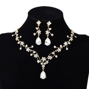Temperament flowers leaves zircon super flash necklace earrings set bridal dress jewelry wholesale pendant light luxury style