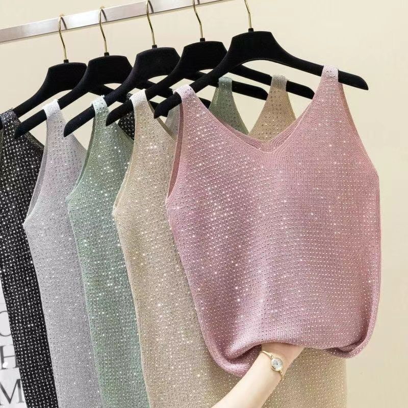 Summer Korean Style New Heavy-Duty Ice Silk Knitted Shiny Vest, Sleeveless Loose Vest, Versatile Top for Outerwear