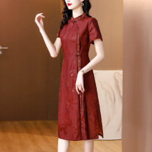 真丝香云纱连衣裙女广州高端品牌红云纱改良旗袍礼服2024春夏新款
