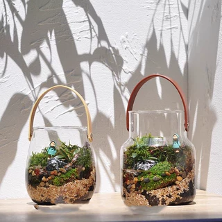 ins风皮革手提玻璃花瓶 水培植物瓶 办公室微景观摆件