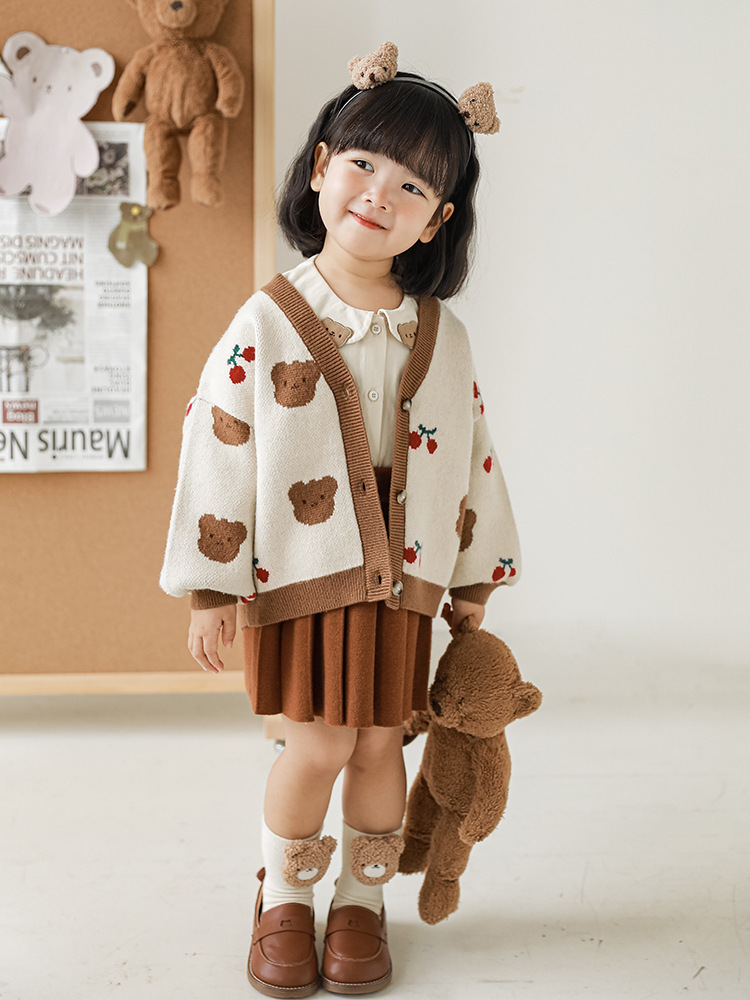 Wulibuyi niñas vintage cardigan de punto traje lindo oso cereza niños otoño suspender Pantalones