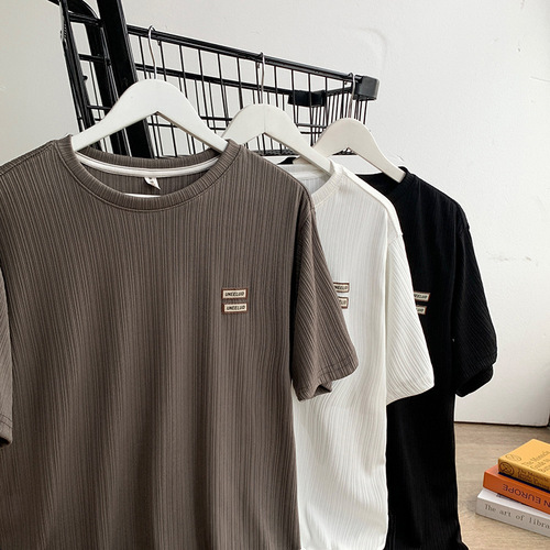 Simple and Breathable Ice Silk Striped Label Short Sleeve T-Shirt for Men - Summer Loose Simple Versatile Basic Crew Neck T-Shirt