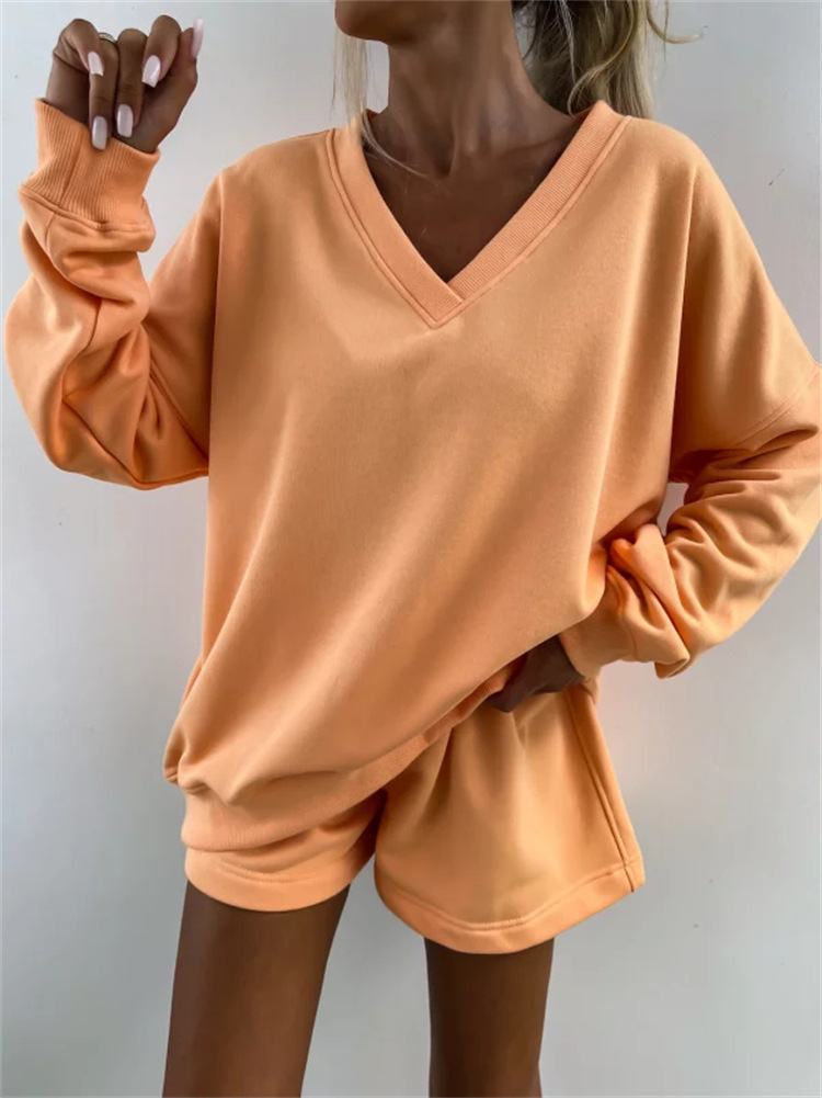 Casual Striped Suit For Women V-neck Long-sleeved Loose Top Paired With Shorts In The Same Color Ladies Spring Summer 2piece Set_voghion.com