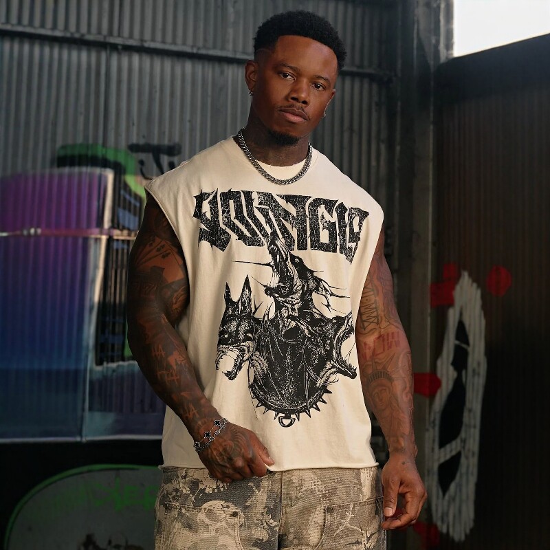 American fashion brand YOUNGLA fitness muscle sports loose tank top, cotton printed casual trendy sleeveless top