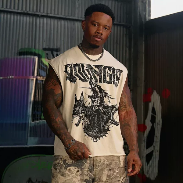 American fashion brand YOUNGLA fitness muscle sports loose tank top, cotton printed casual trendy sleeveless top