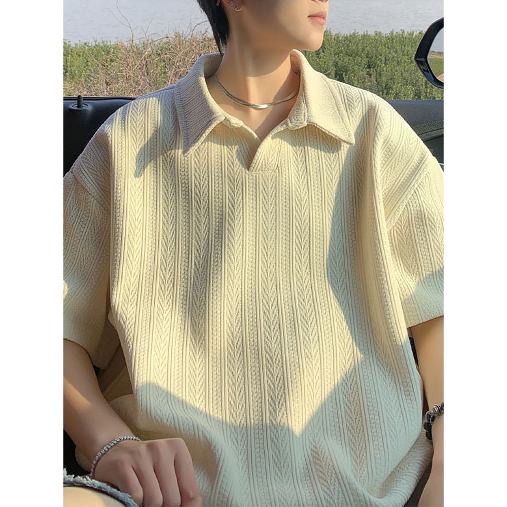 Retro Old Money Style Wheat Ear Pattern Polo Shirt Men's Short-Sleeved Summer Trendyy Casual Men's American Heavy Lapel T-Shirt