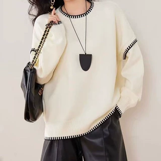 韩系大版2026秋冬新款慵懒风设手缝线迹撞色圆领套头毛衣女针织衫