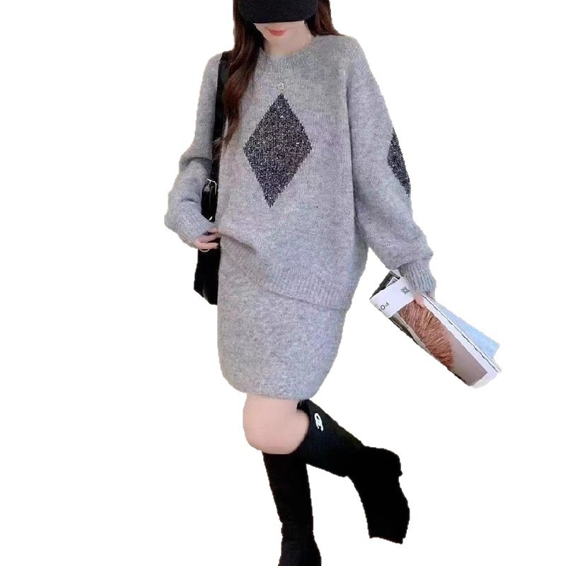 跨境早秋新款菱格圆领时尚套装女2025简约通勤短裙针织两件套毛衣|undefined