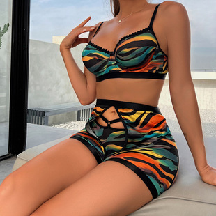 Green Popular Leopard Print Wave Stripe Print Women's Sexy Three-Piece Set No Perspective 3216 Underwear