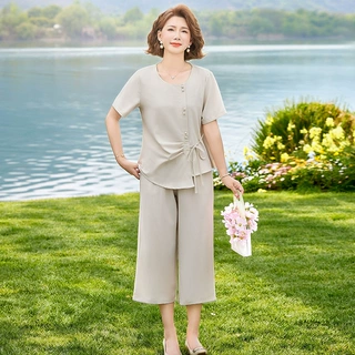 中年妈妈夏装时尚套装洋气新款50岁穿搭中老年女夏季阔腿裤两件套