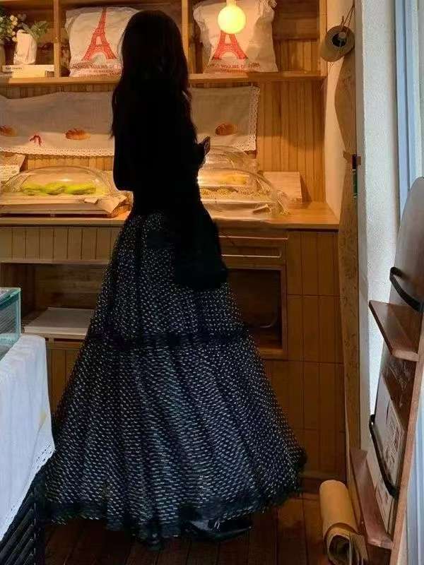 バレエ風アンドロメダのネット糸は蓬蓬蓬スカートの子供2025の新型の高腰が痩せている青い波点の半身のロングスカートをつなぎ合わせた