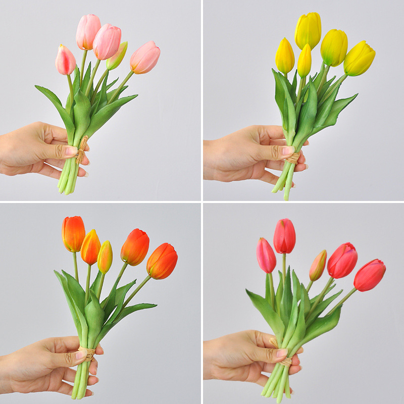 5-Piece Artificial Tulip Bouquet Home Decor Decoration Ins-Style Soft Rubber Tulip Fake Flowers Artificial Tulips