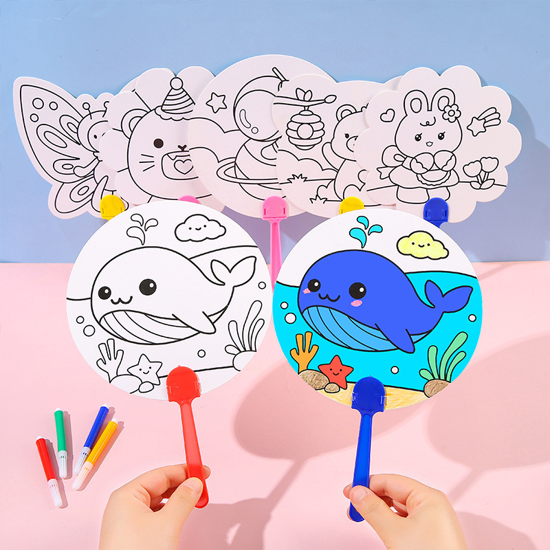 Children's DIY Graffiti Fan Painted Coloring Hand Fan Baby Painting Folding Fan Educational Drawing Paper Coloring Round Fan
