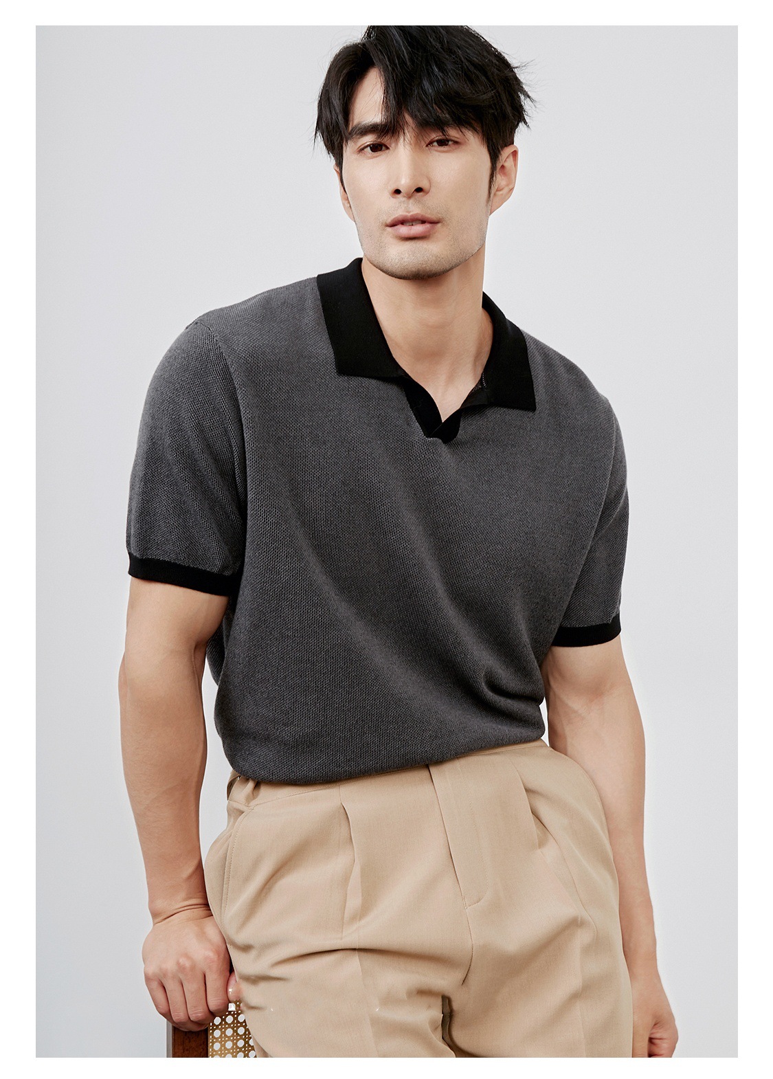 Men's Casual Polo Shirt British Retro High End Lapel Knitted Short Sleeve T-Shirt Breathable Slim Fit Business Top_viptrois.com