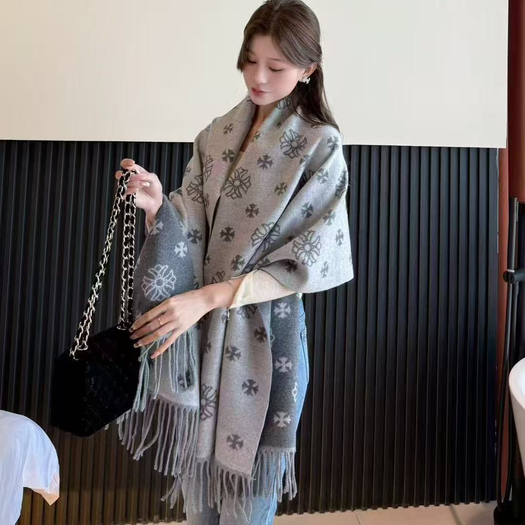 여성 페어아일 자카드 울 혼방 숄 머플러 200×65cm 가죽 라벨 태슬 겨울 목도