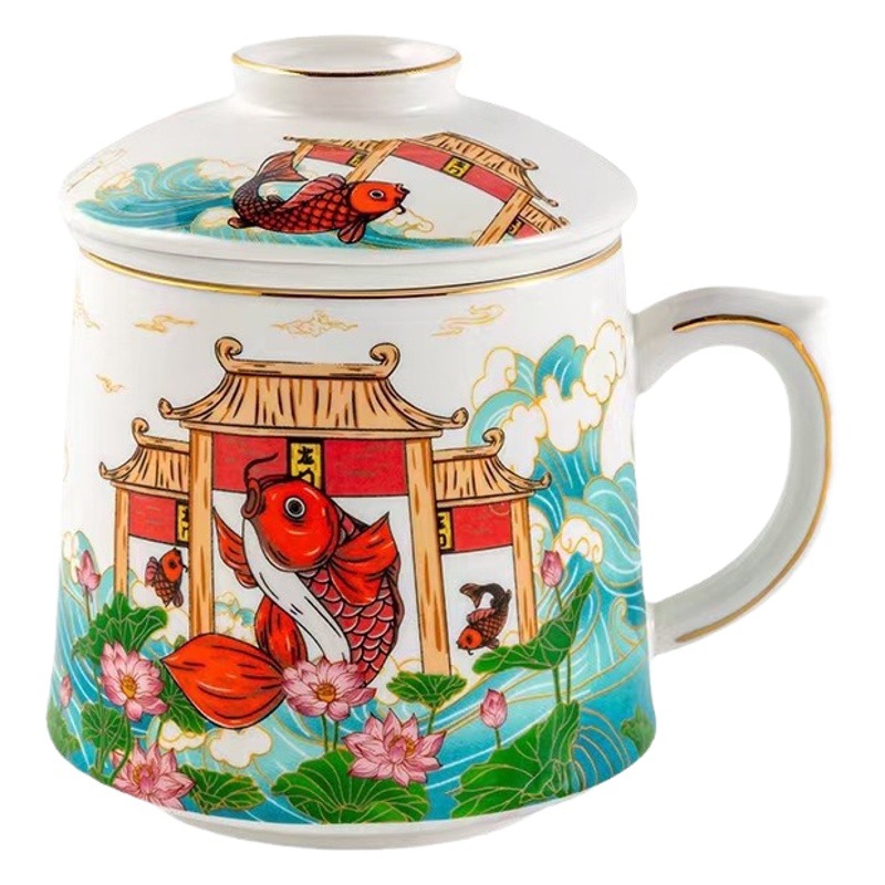 Personalidad creativa taza de la Oficina de estilo chino con tapa de té Taza de cerámica de regalo de fugas de Año Nuevo taza de beber de alta apariencia