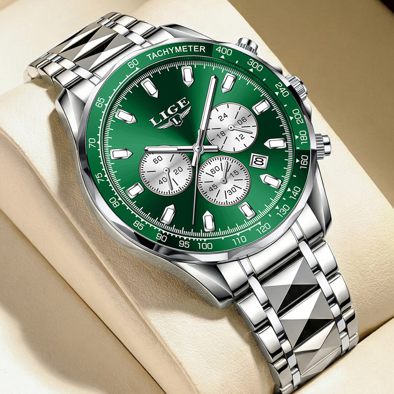 LIGE new cross-border large dial watch for men, quartz watch with three sub-dials, six hands, calendar, luminous, waterproof, stylish wristwatch
