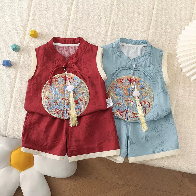 周岁礼服男宝宝夏季新中式生日宴抓周服婴儿百天衣服红色汉服唐装