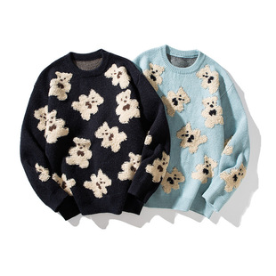 Japanese Bear Sweater Couple Clothing Retro Loose Knitted Sweater Men's Autumn and Winter Lazy Style Ins Crewneck Clothes