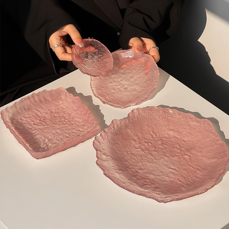 하이 엔드 핑크 불규칙한 얼음 이슬 유리 접시 가정용 스낵 접시 과일 접시 라운드 디저트 트레이 식기