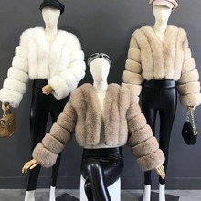 欧美新款仿狐狸毛皮草女外套拼接短款长袖皮草仿皮草外套女装现货