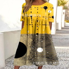 外贸几何夏季站新款3女士亚马逊印花连衣裙时尚抽象D中腰跨境独立