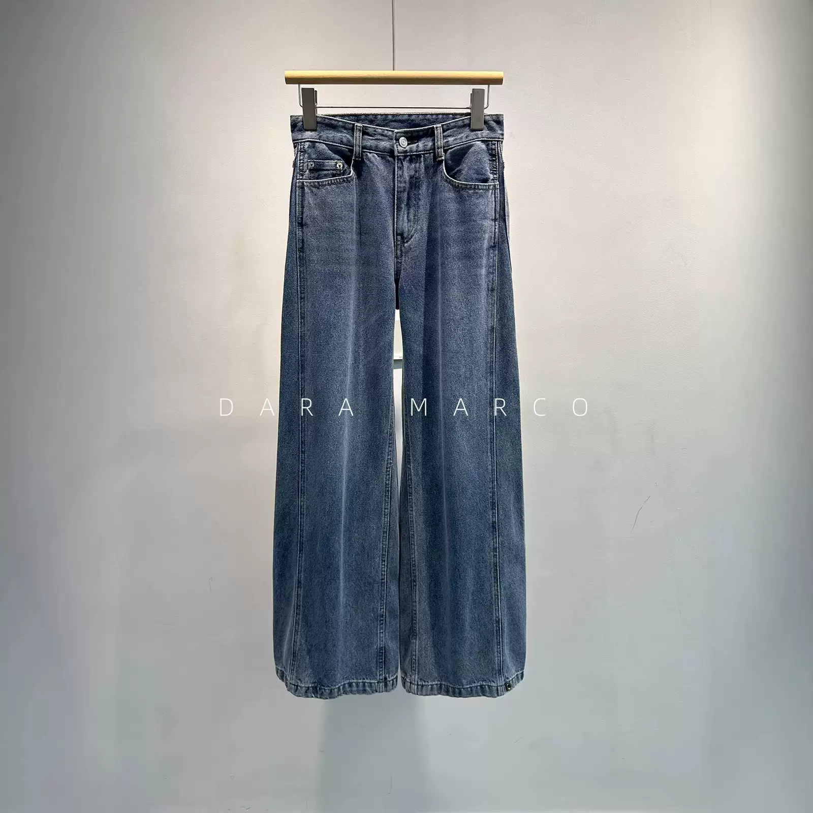 设计款~全棉重工水洗中腰直筒阔腿靛蓝牛仔裤及地长裤松弛女早春