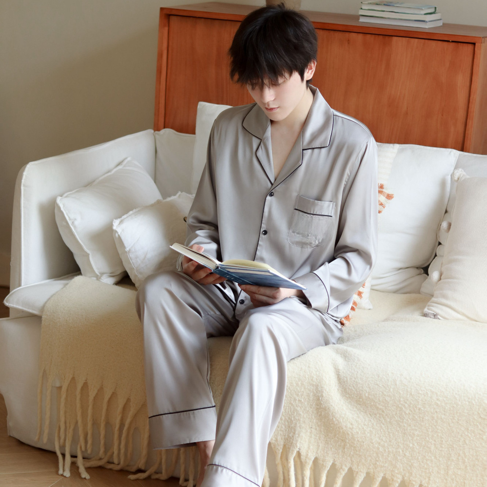 2026 New Ice Silk Pajamas for Men, Long-Sleeved and Long-Pants Printed High-End Home Wear Set That Can Be Worn Outside