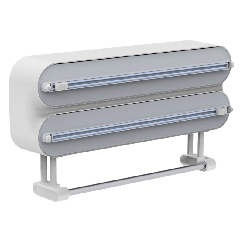 Three-in-one cling film cutter kitchen paper lazy rag rack magnetic refrigerator non-perforated wall hanging two-way sliding knife