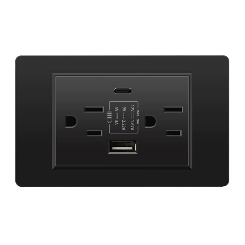 Черная настенная панельная розетка с 118 тип switch, тайваньская розетка с 20W type-C, шесть отверстий
