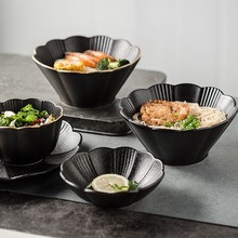 日式复古拉面碗汤碗黑7.5英寸创意个性斗笠碗斜口金边陶瓷米饭碗