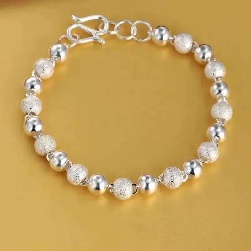 Authentic Silver Bracelet Fashion Frosted Round Bead Chain Buddhist Bead Bracelet Couple Best Friend Silver Jewelry Female Korean Version