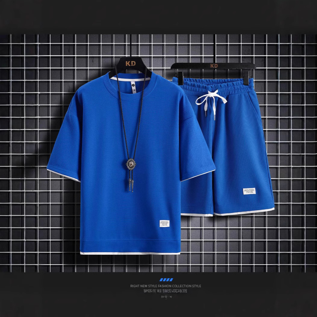 Men's Clothing Trendy Summer Fashion Waffle T-Shirt Loose Plus Size Thin Short Sleeved Tracksuit Style_viptrois.com