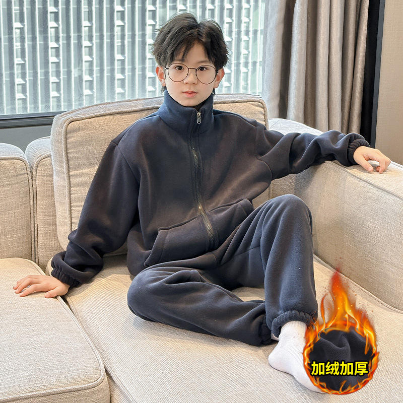 어린이 의류 소년 겨울 산호 양털 파자마 2025 새로운 청소년 가을과 겨울 두꺼운 기모 홈 의류 트렌디