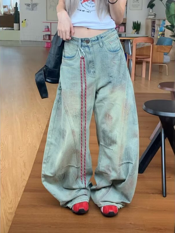 美式复古做旧扎染牛仔裤女装秋季新款设计感宽松显瘦阔腿镰刀裤子|undefined