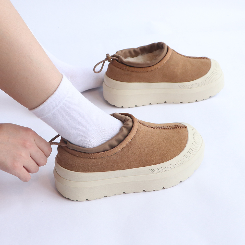 Cowhide snow boots Women's wool waterproof elevating thick soled slip-on cotton shoes_voghion.com