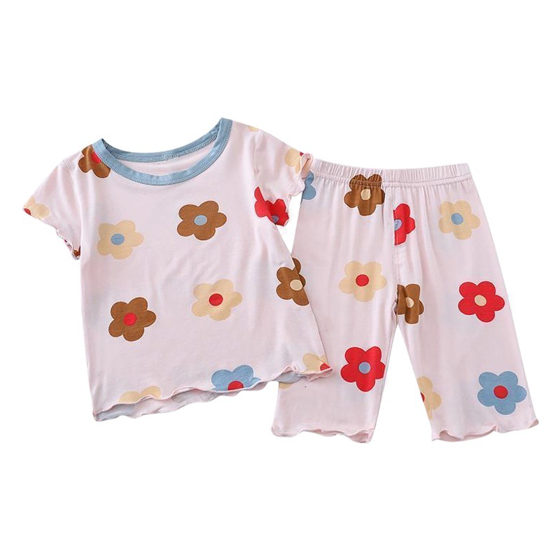 Traje de las Niñas Ropa de aire acondicionado de verano pijamas de seda de hielo suave verano delgada mujer bebé moda estilo coreano manga corta homewear