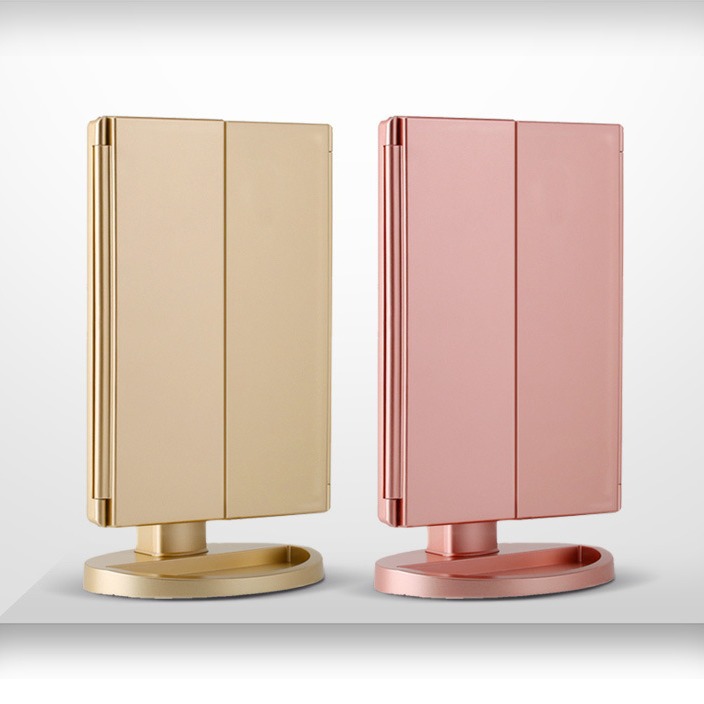 跨境LED22灯镜三面折叠化妆镜带灯充电款桌面美妆镜台式发光镜子