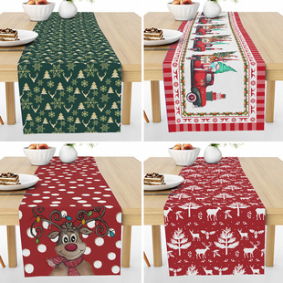 Cross-border Amazon Hot Christmas Elk Pine Table Runner Home Decorative Fabric Printed Thermal Insulation Linen Tablecloth