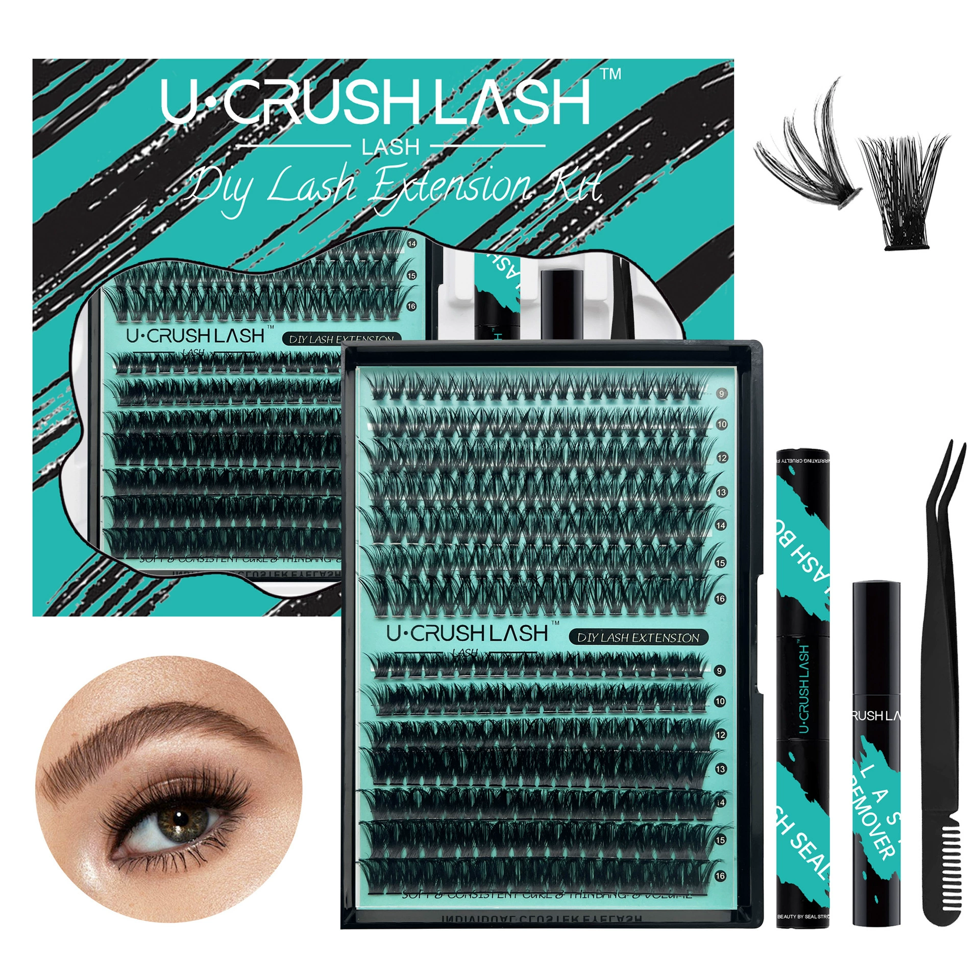 False Eyelash Cluster Set 280 pcs, multi-density D-volume clusters, black display box
