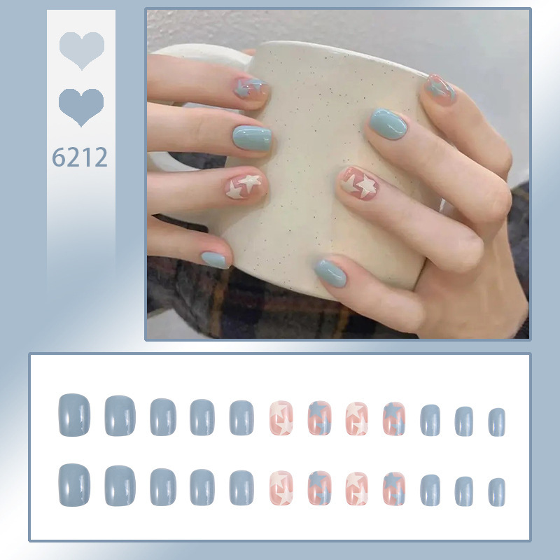 夏日清新穿戴甲批发薄荷蓝星星美甲成品学生简约穿戴美甲片假指甲