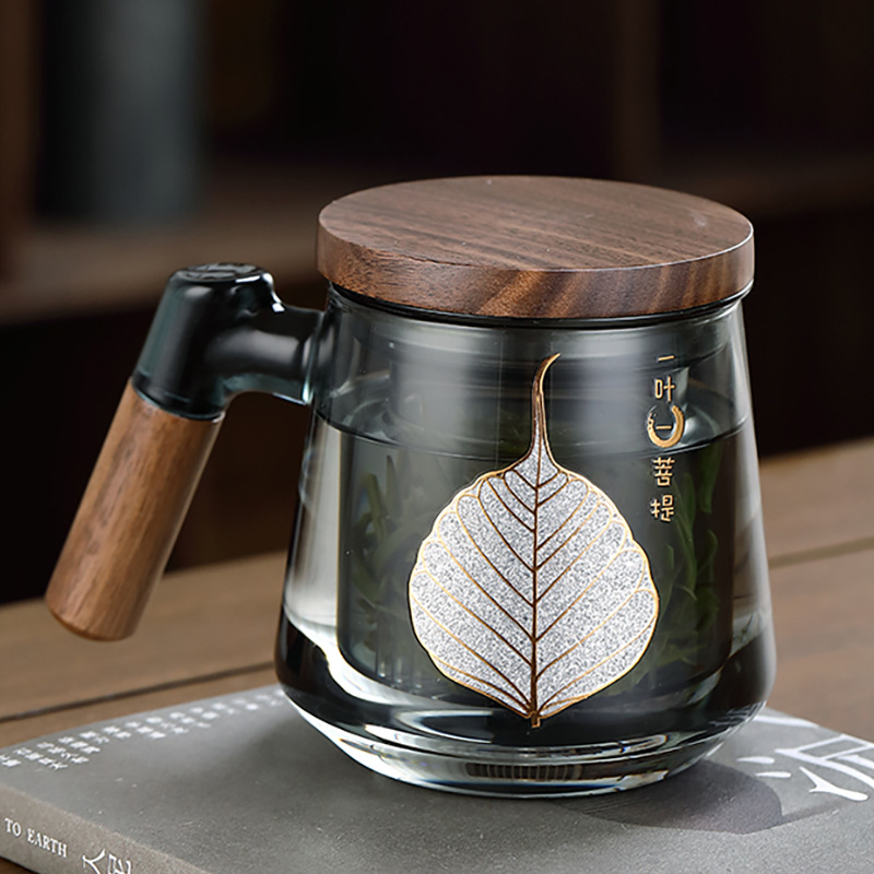 批发玻璃茶杯木把带盖带过滤三件套杯茶水分离器泡茶办公杯花茶杯
