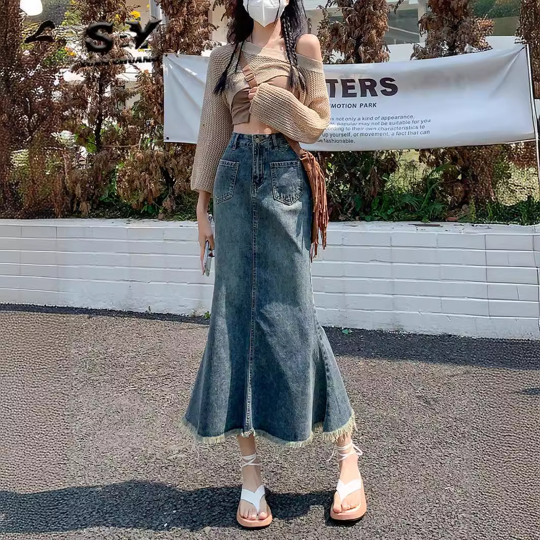 复古毛边牛仔半身裙女夏季2024爆款高腰宽松显瘦小个子鱼尾中长裙