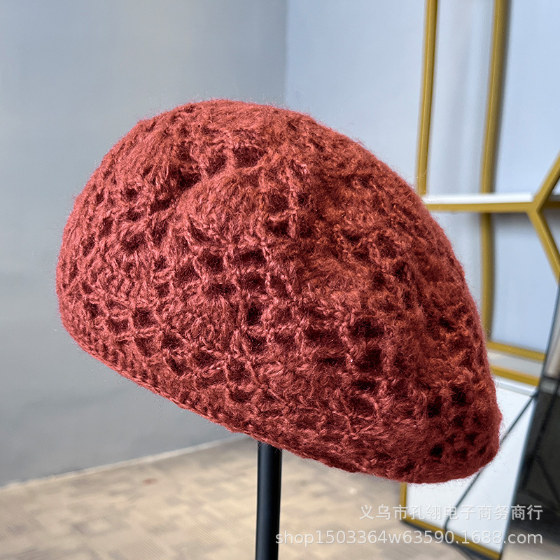 明星同款手工钩花贝雷帽子女秋冬保暖显脸小画家帽百搭气质针织帽|undefined