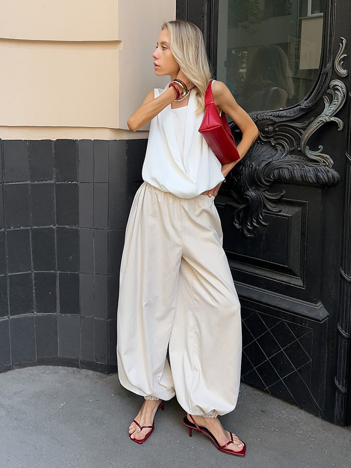 Quần harem ống rộng cotton dáng lửng lưng vừa phong cách đường phố — Màu hồng, Màu kaki, Màu mơ, Màu xanh da trời chi tiết 65