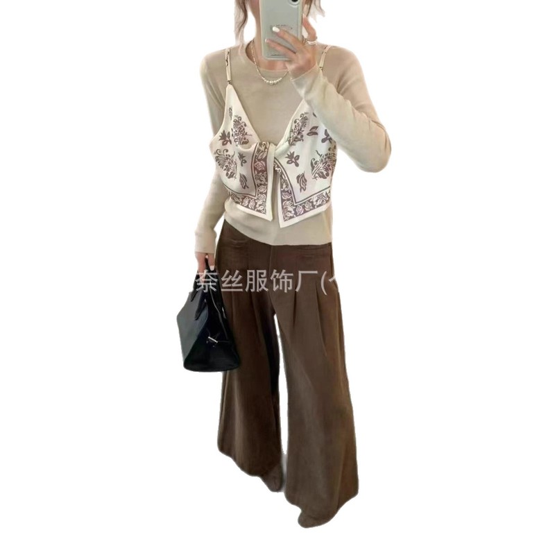 复古丝巾吊带假两件拼接针织长袖2025早秋季新款新款遮肚显瘦上衣|undefined