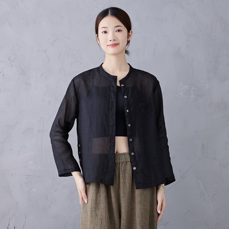 Soft Ramie Shirt Artistic Retro Cardigan Sunscreen Shirt Top Casual Clear plus size Chinese Black Women's Clothing