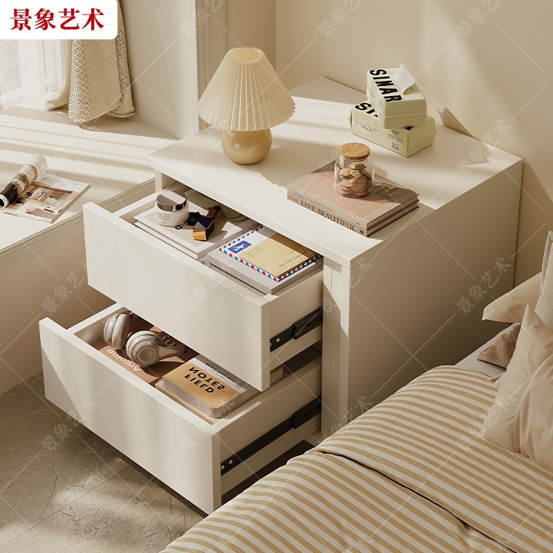 Mesa de cabezal de cama lujosa sensación de dormitorio de alta calidad almacenamiento al lado de la cama pequeño gabinete de almacenamiento simple ventana lateral de crema doble cajón
